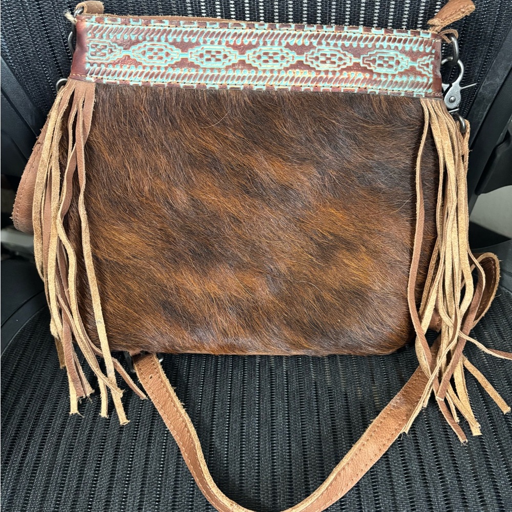 Brown Leather & Cowhide Fringe Shoulder Bag